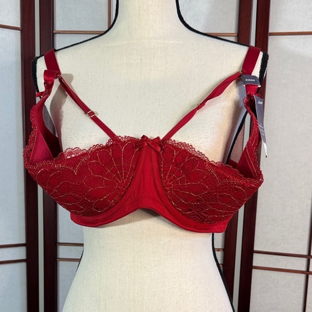 Cacique lightly lined quarter cup in Vibrant Red Lace Bra